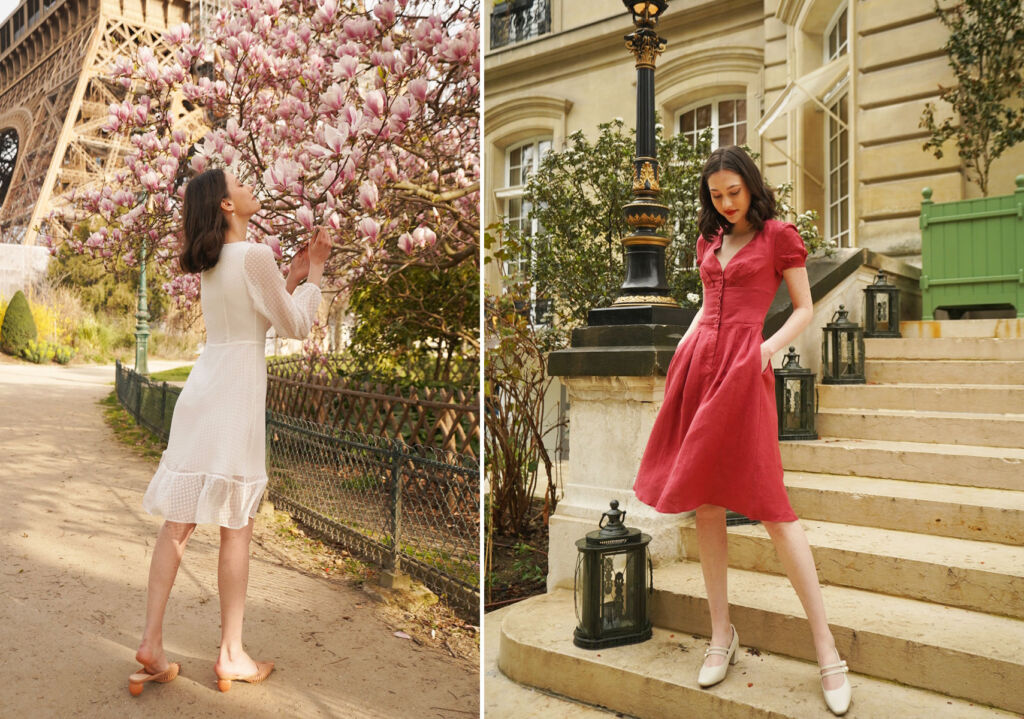 A dark haired model wearing classic styled dresses in Paris