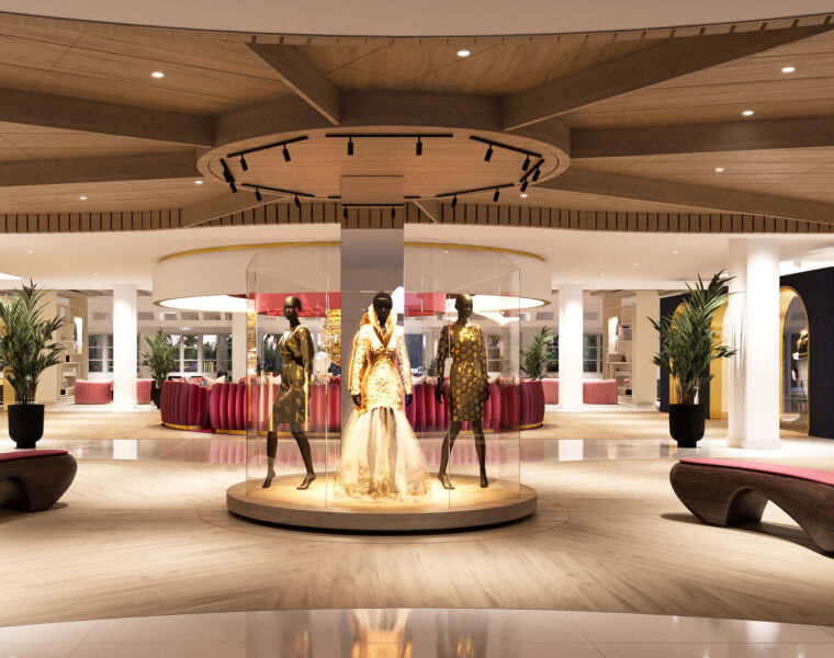 The new hotels spectacular lobby with mannequins displaying music memorabilia