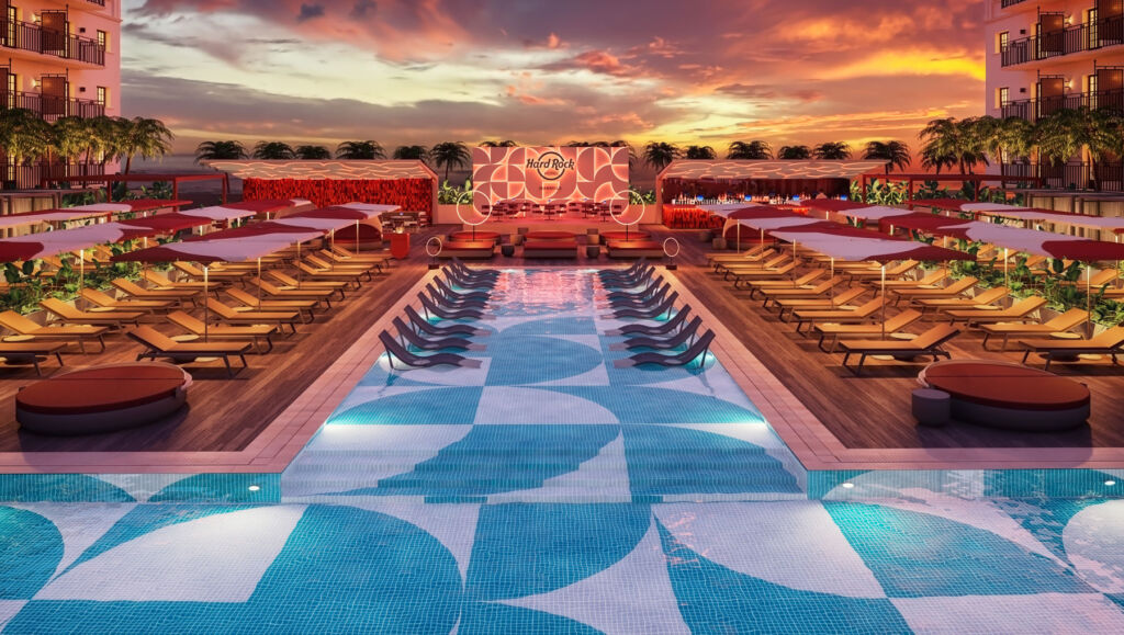 An artists rendering of the main swimming pool with loungers placed in the water