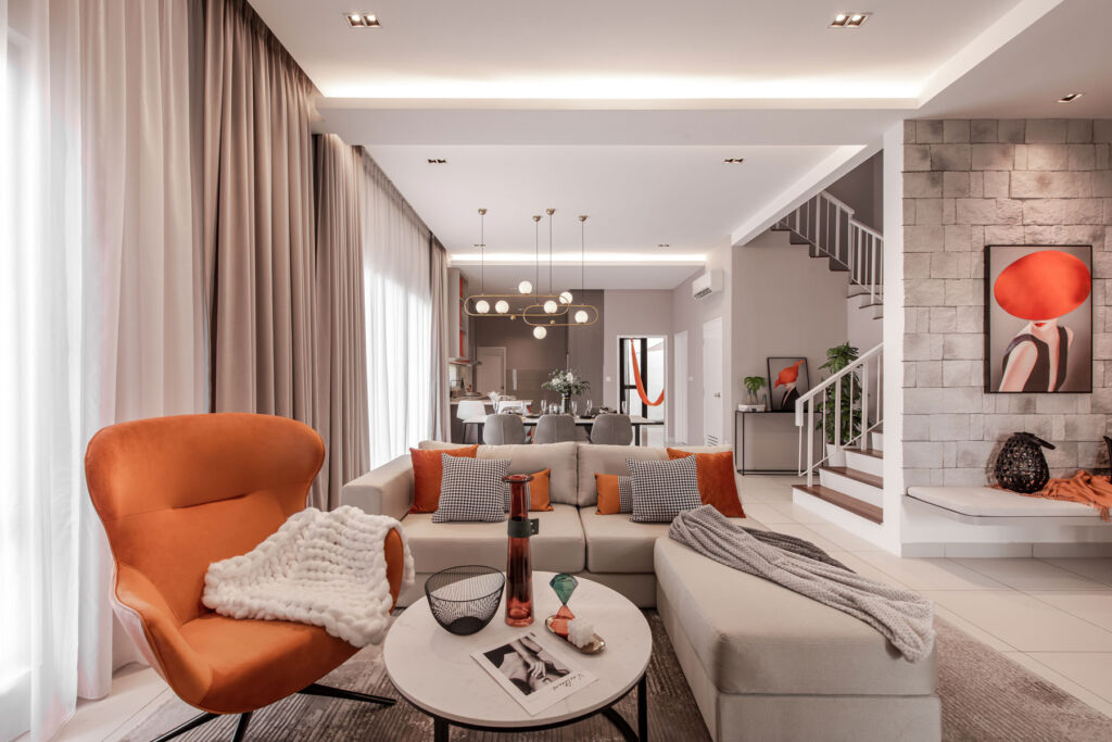 A living room interior design project with a liberal use of orange colours