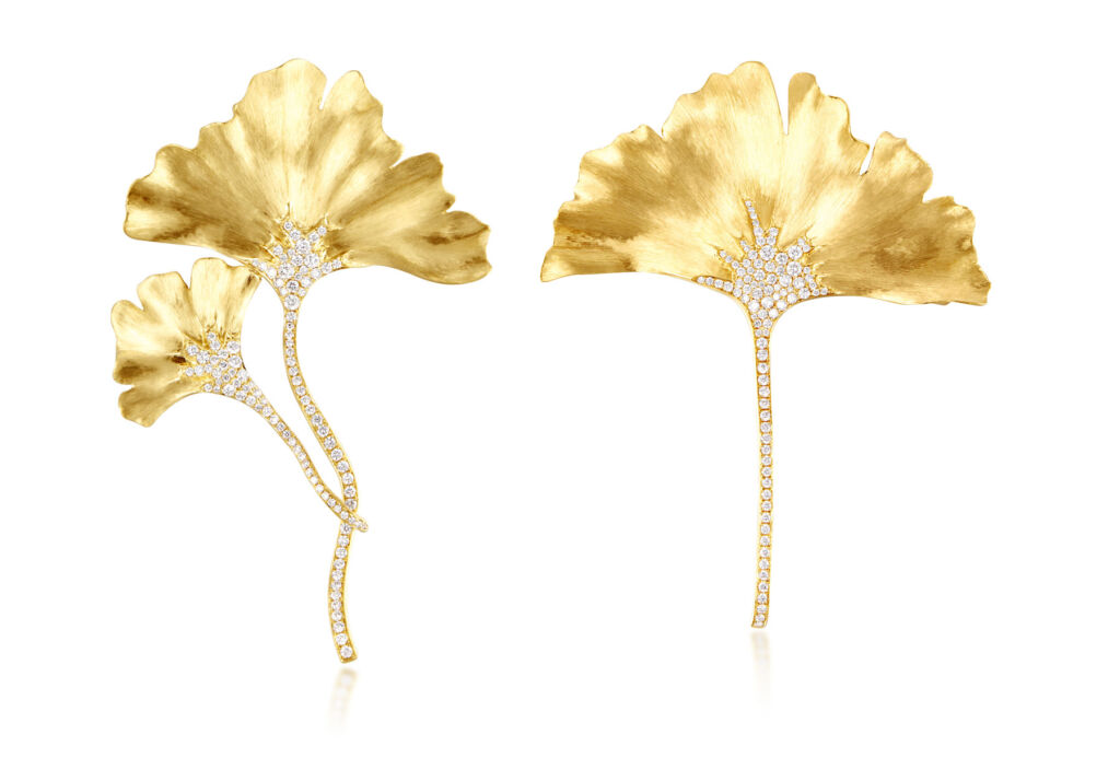 Two gold pieces from the Artisan Collection in the form of Ginkgo leaf's