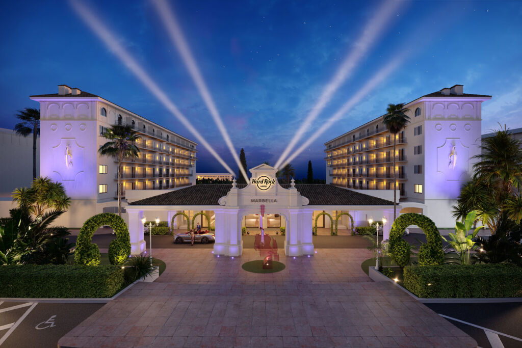 The exterior of the Hard Rock Hotel Marbella at night with spotlights