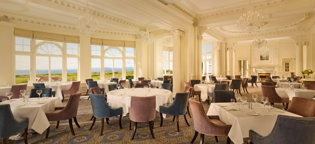 Inside the 1906 restaurant wit its views out over the sea