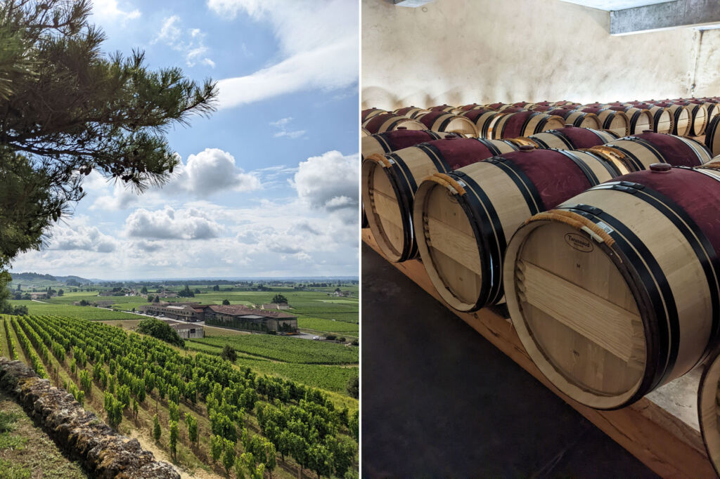 An aerial view of Château Quintus and some of the wine barrels in its cellar