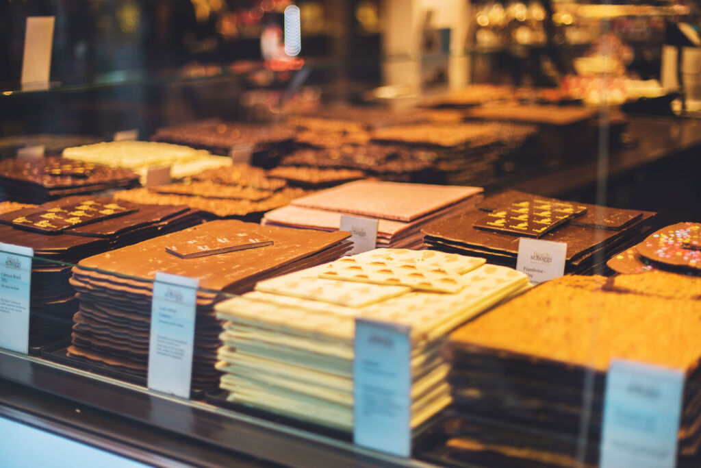 A shop window filled with Swiss chocolate
