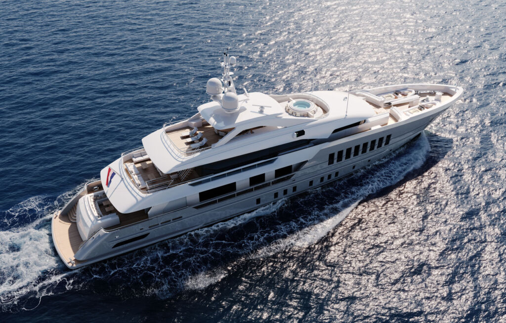 An aerial view of the new superyacht running on the water