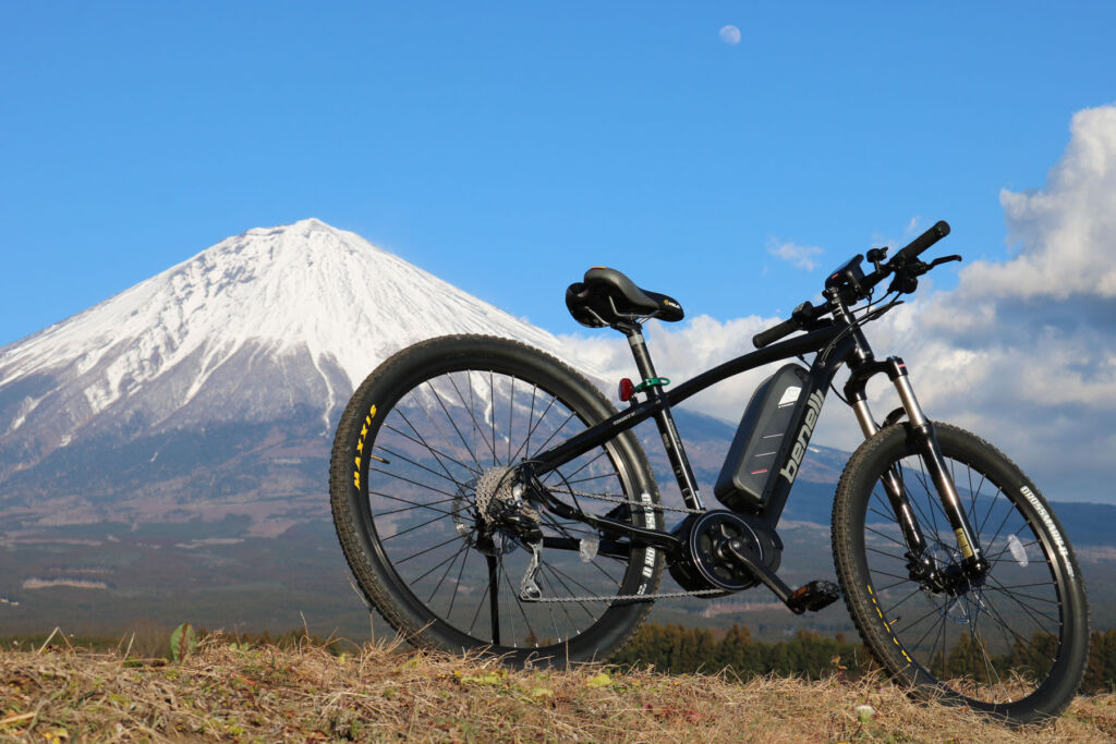 An electric mountain bike with Mount Fuji in the background