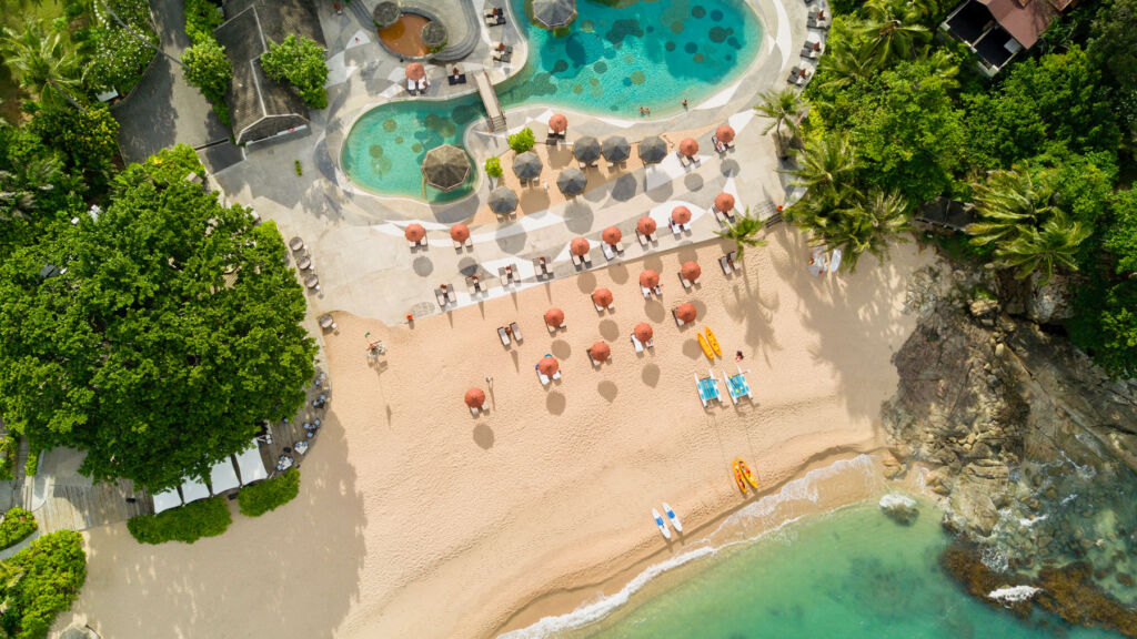 Aerial view of the beach in front of the hotel