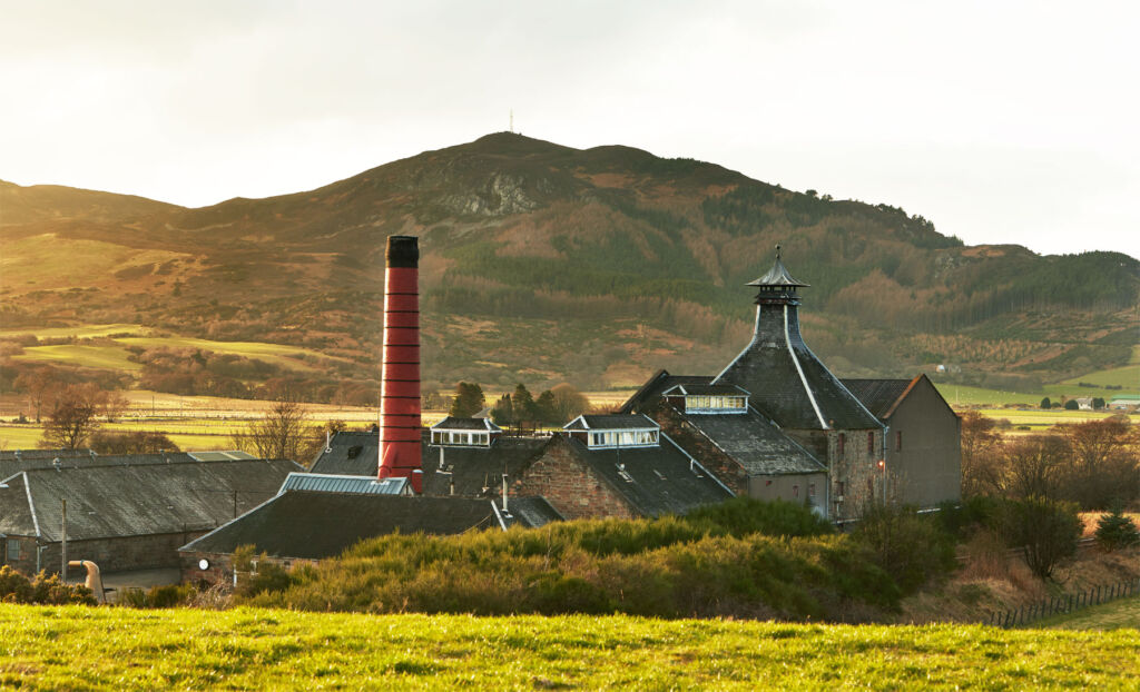 A view of the distillery and its surrounding countryside