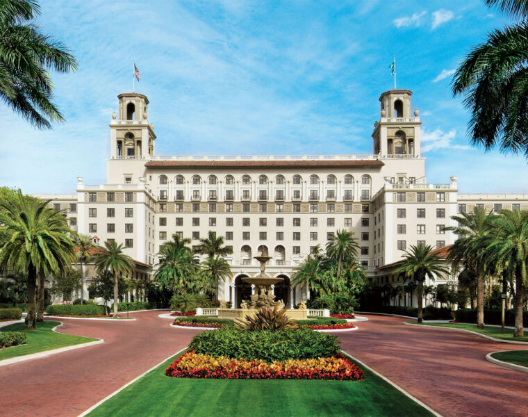 The exterior of the Breakers Hotel in The Palm Beaches