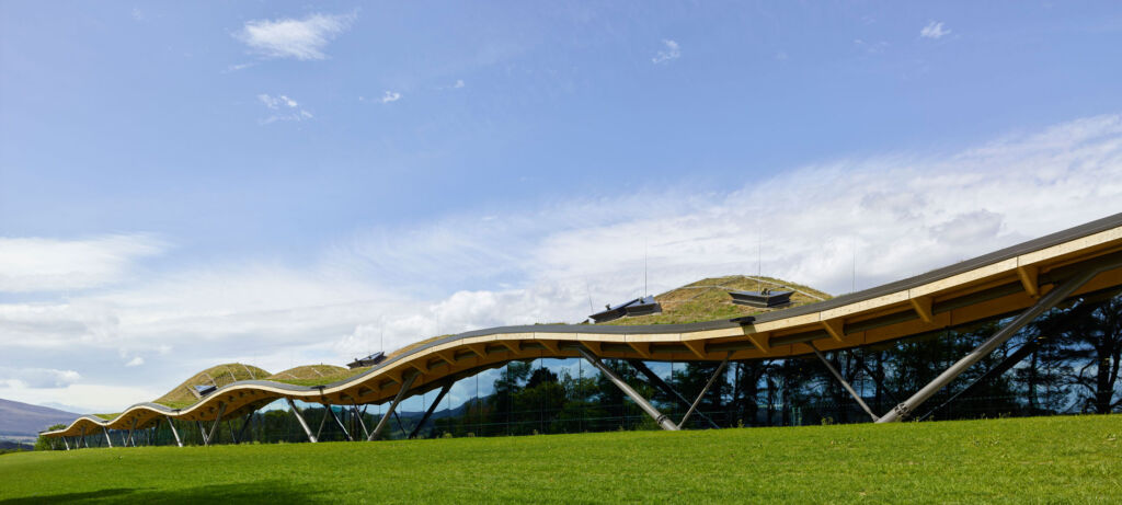 The distillery with its eco-friendly grass covered roof