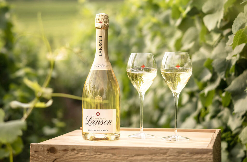 Champagne Lanson Le Blanc de Blancs with two filled glasses