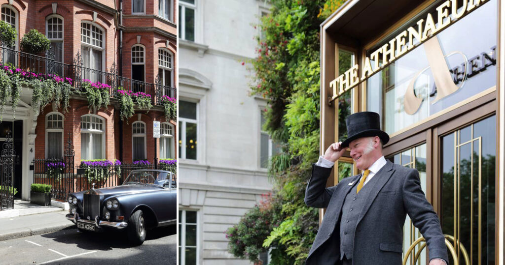 The exterior of the hotel and its concierge, doffing his hat