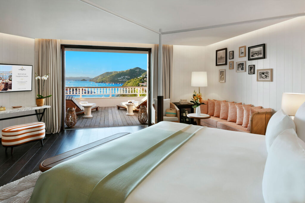 The interior of one of the guest rooms with a spectacular view over the water