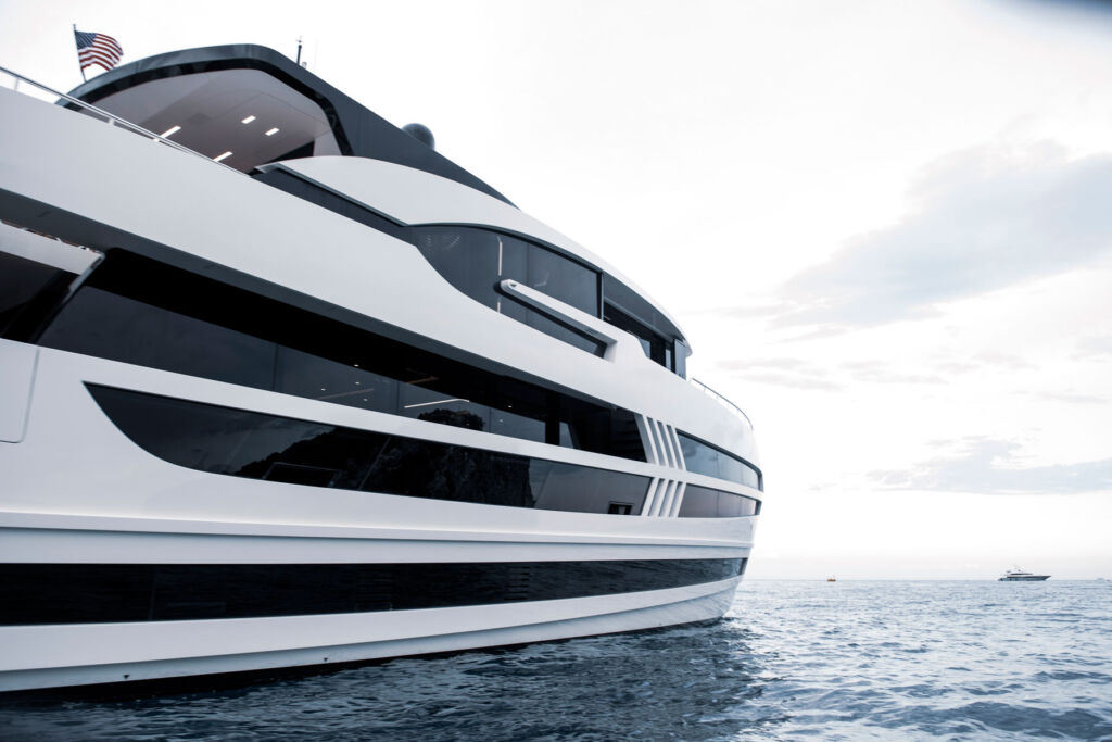 A close up view of the side of the motor yacht