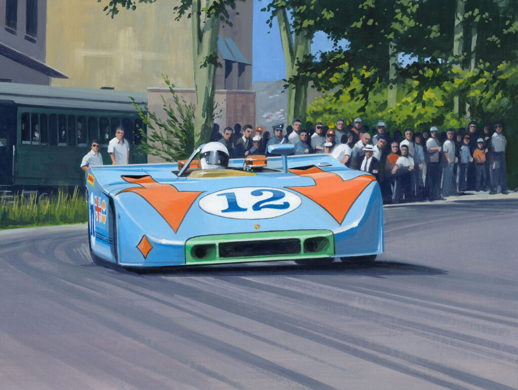 One of the works on display at the exhibition showing a Gulf Oil liveried race car