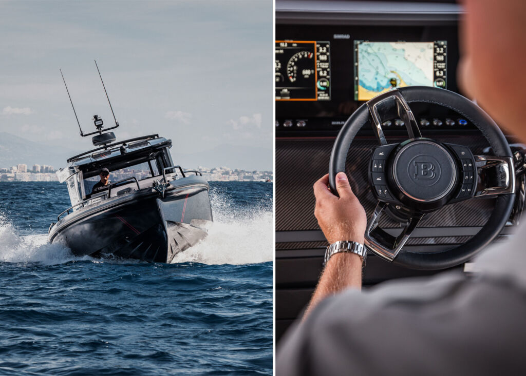 Two images, one showing the boat at speed from the front and the other closeup of the steering wheel and controls