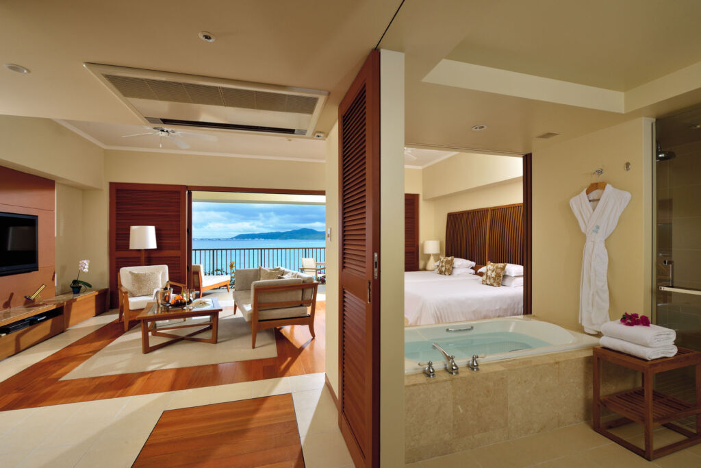 Inside one of the guest rooms with views over the sea