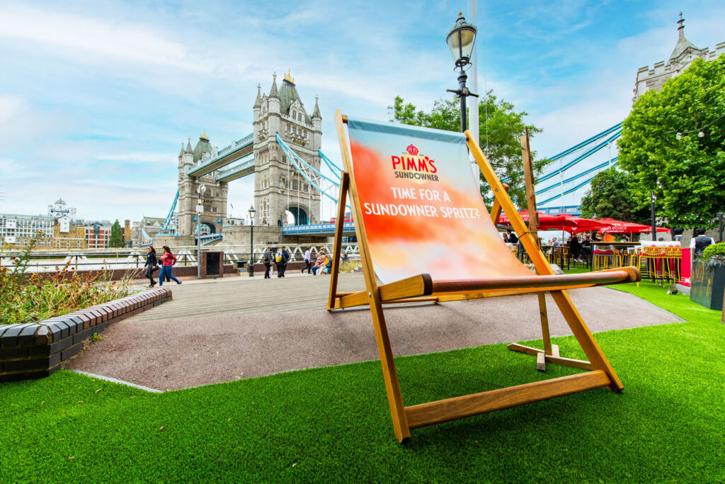 One of the giant deckchairs with the iconic bridge in the background