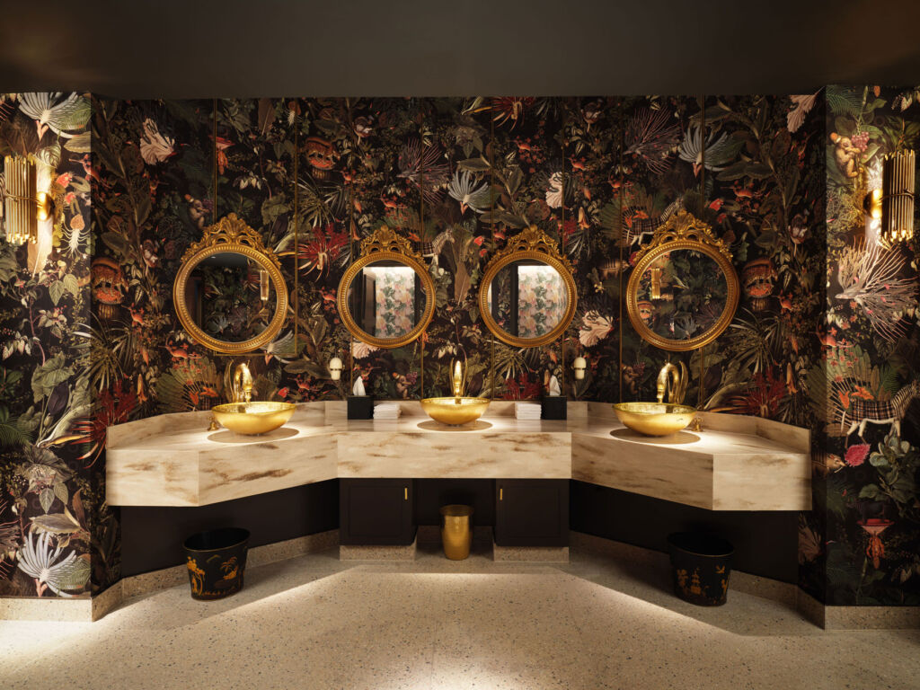Inside the opulent restroom within the bar