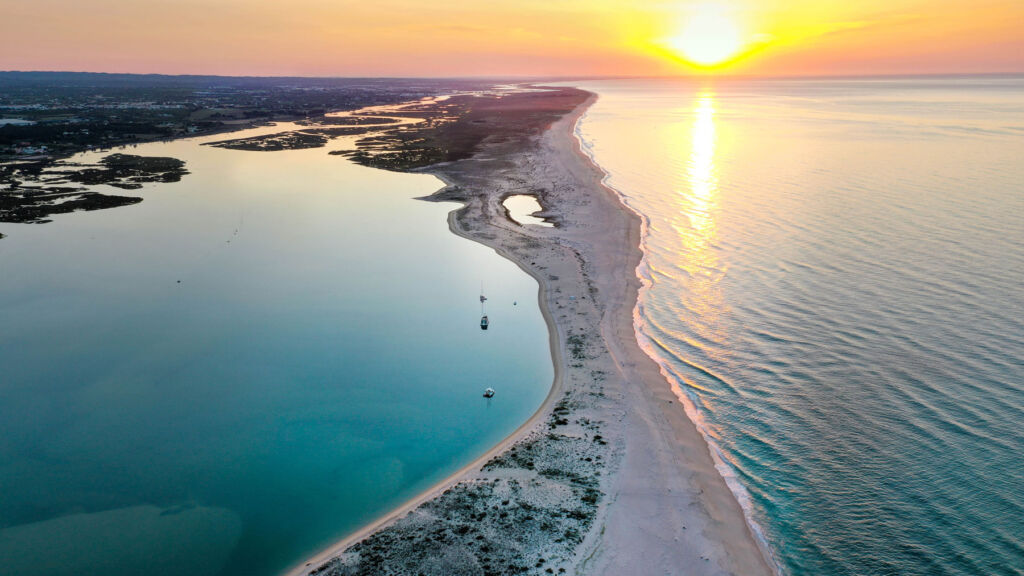 An aerial view of Bureau Ria Formosa at sunset