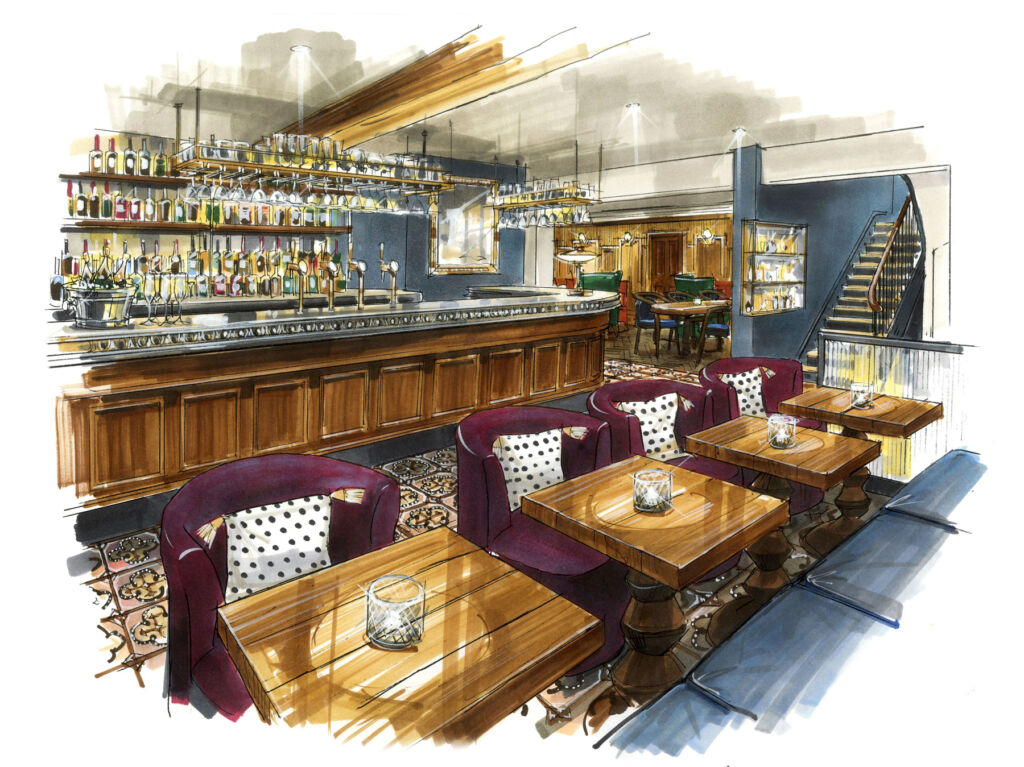 A watercolour of the bar area