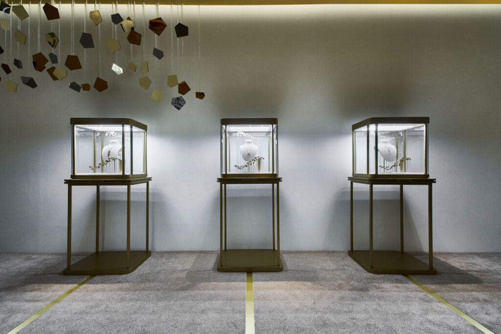 Glass display cases showcasing the brands jewellery pieces