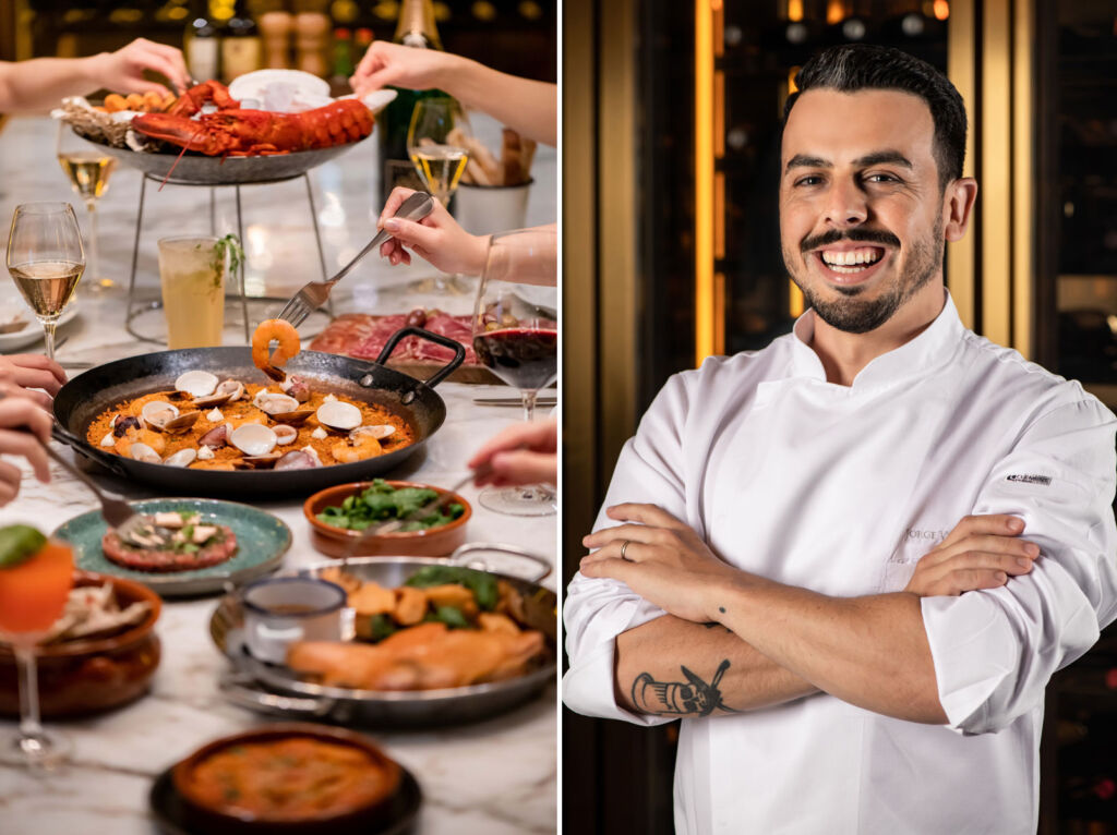 A smiling Chef Jorge Vera Gutierrez and a further image showing guests enjoying a meal