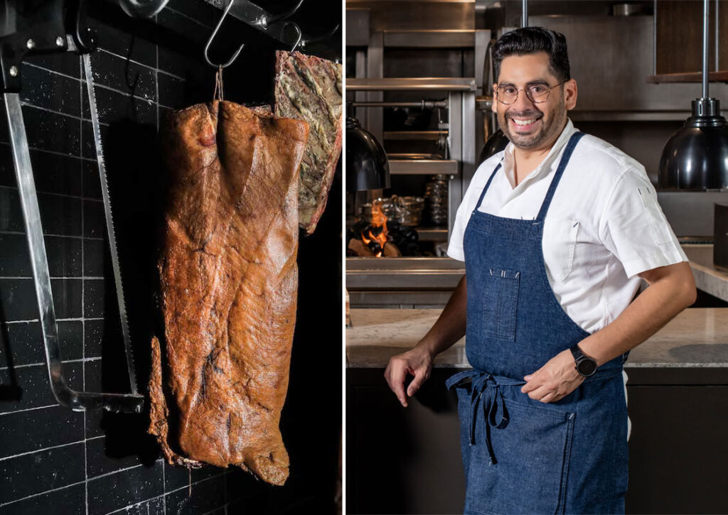 Two images, the first showing cooked meat hanging in the butchery, the second, Chef de Cuisine Mario Tolentino smiling