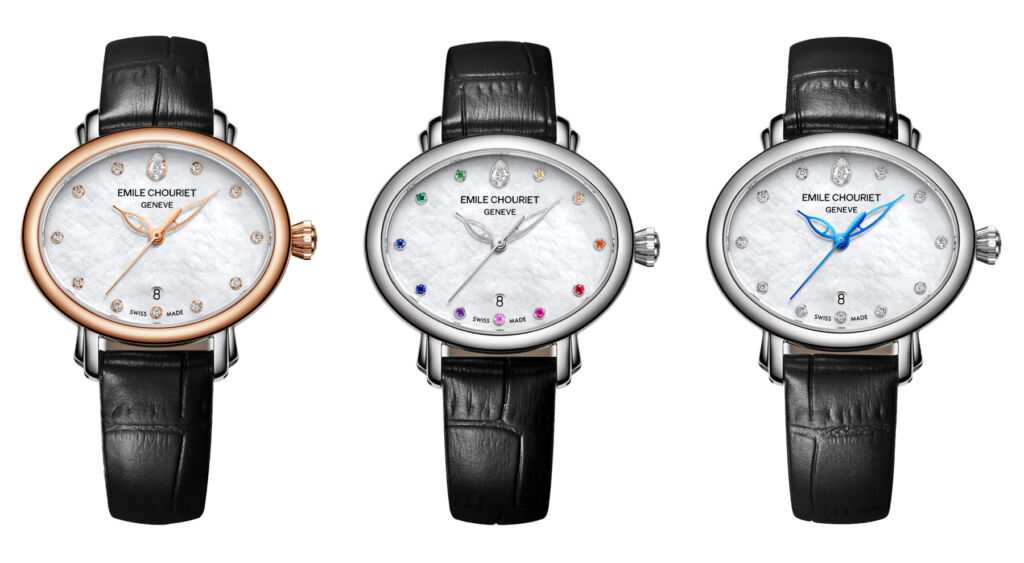Three models from the new collection, with light coloured pearl dials