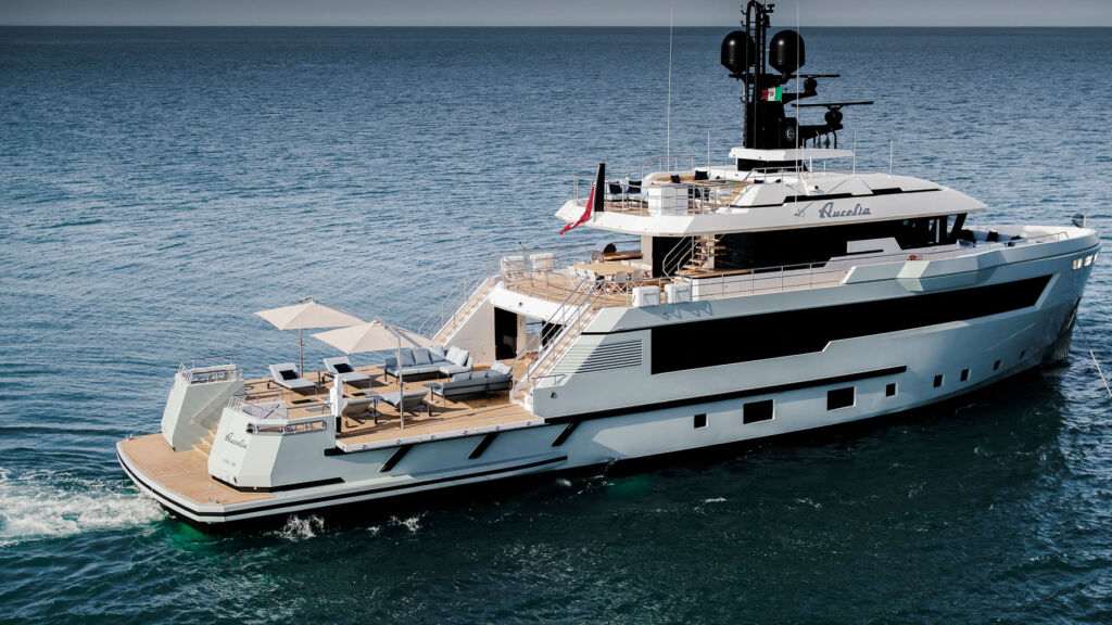 A side on view of the explorer yacht Aurelia