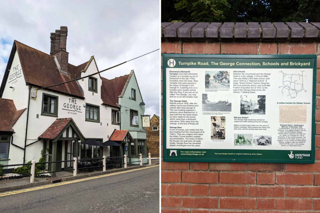 The exterior of the George and another image showing a sign giving some history on the local area