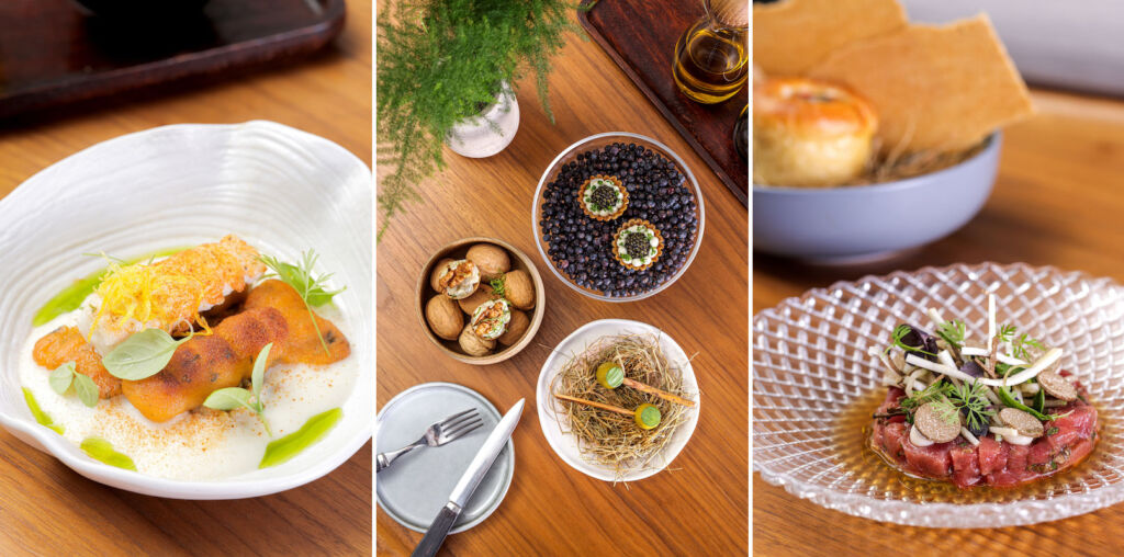 Three images showing dishes on the new autumn tasting menu