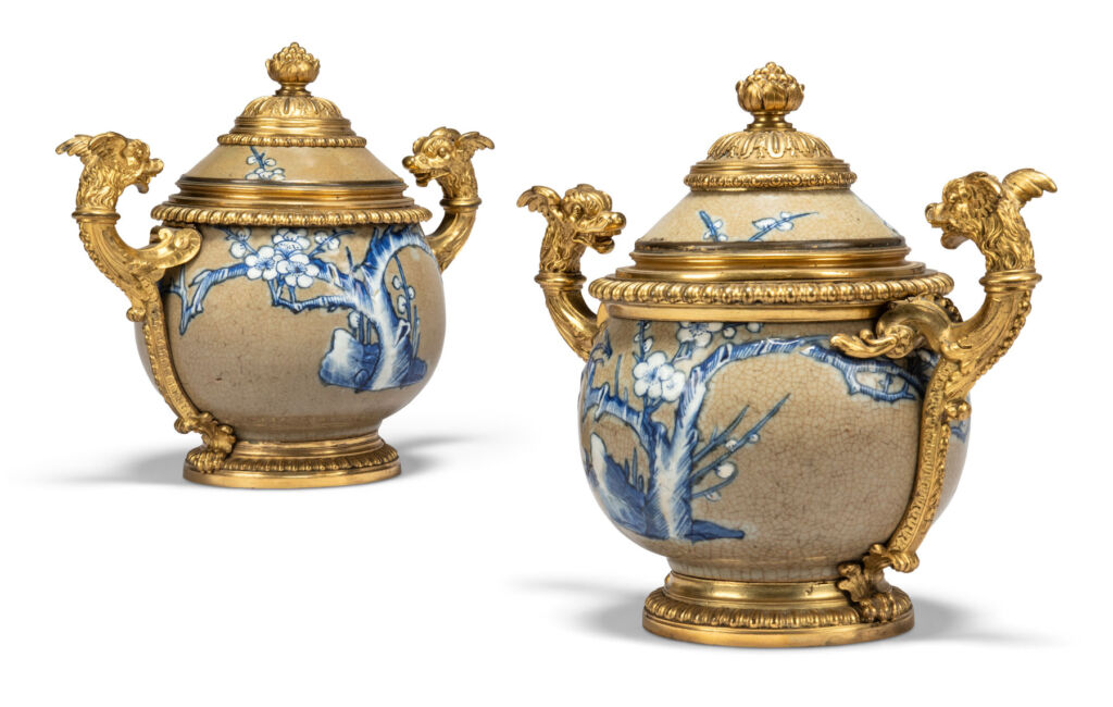 A pair of Ormolu Chinese-crackle glazed vases with covers
