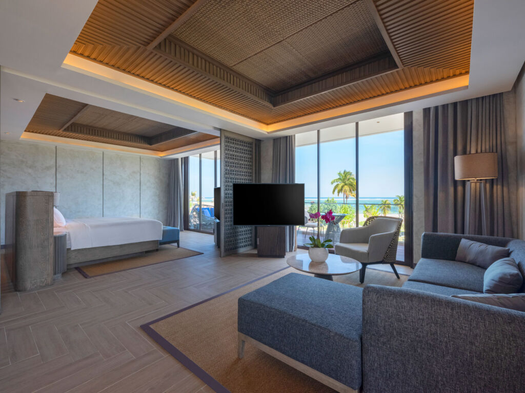 The interior of one of the spacious suites with views over the sea