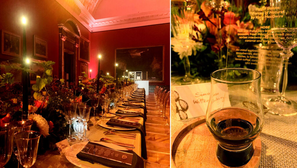 One image showing the expertly presented dining table, the other showing the glass of whisky sampled by Simon