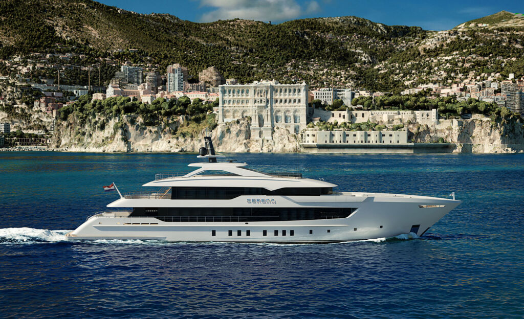 A side profile view of the superyacht running