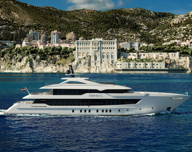 A side profile view of the superyacht running