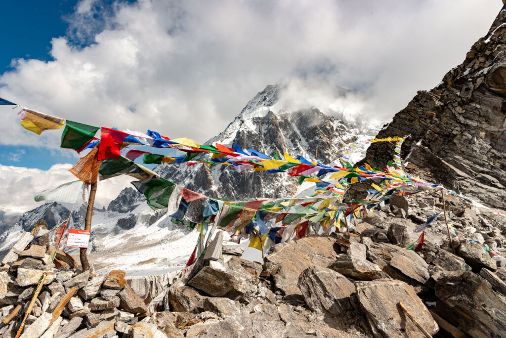 Traditional brightly coloured flags on one of the mountains
