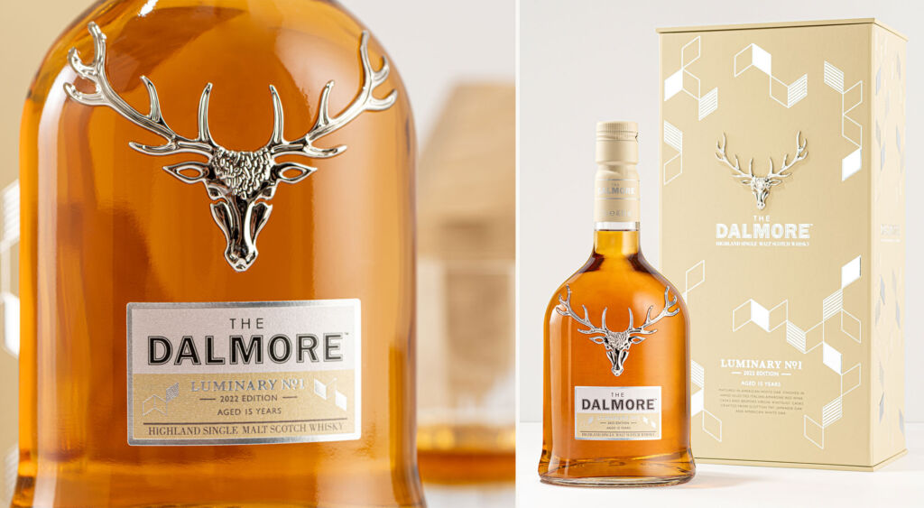 A close up view of the stag crest on the collectors edition bottle and an image showing the box details
