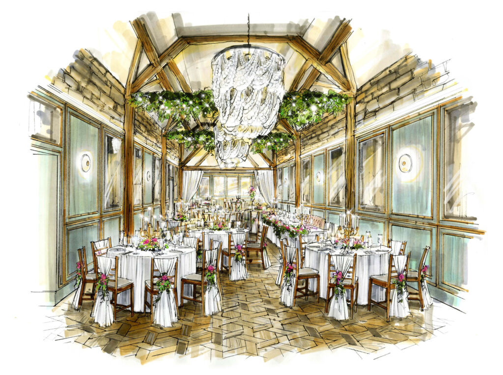 A watercolour painting of the interior of the wedding venue