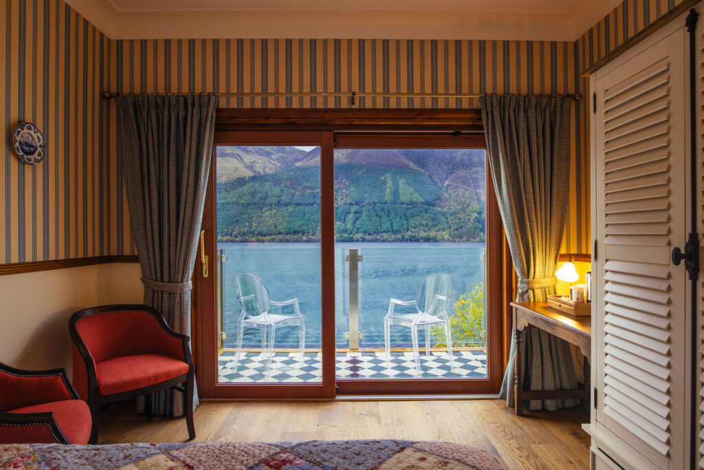 The incredible vista from the Whispering Pine Lodge luxury Loch View Room