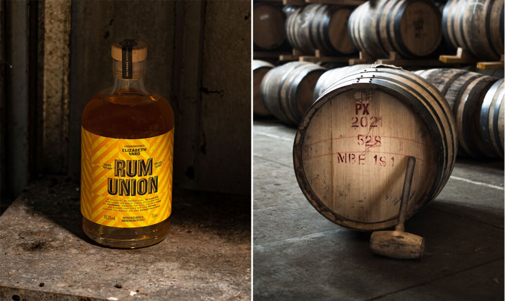 Two images, one showing a bottle of Rum Union, the other a barrel and a mallet