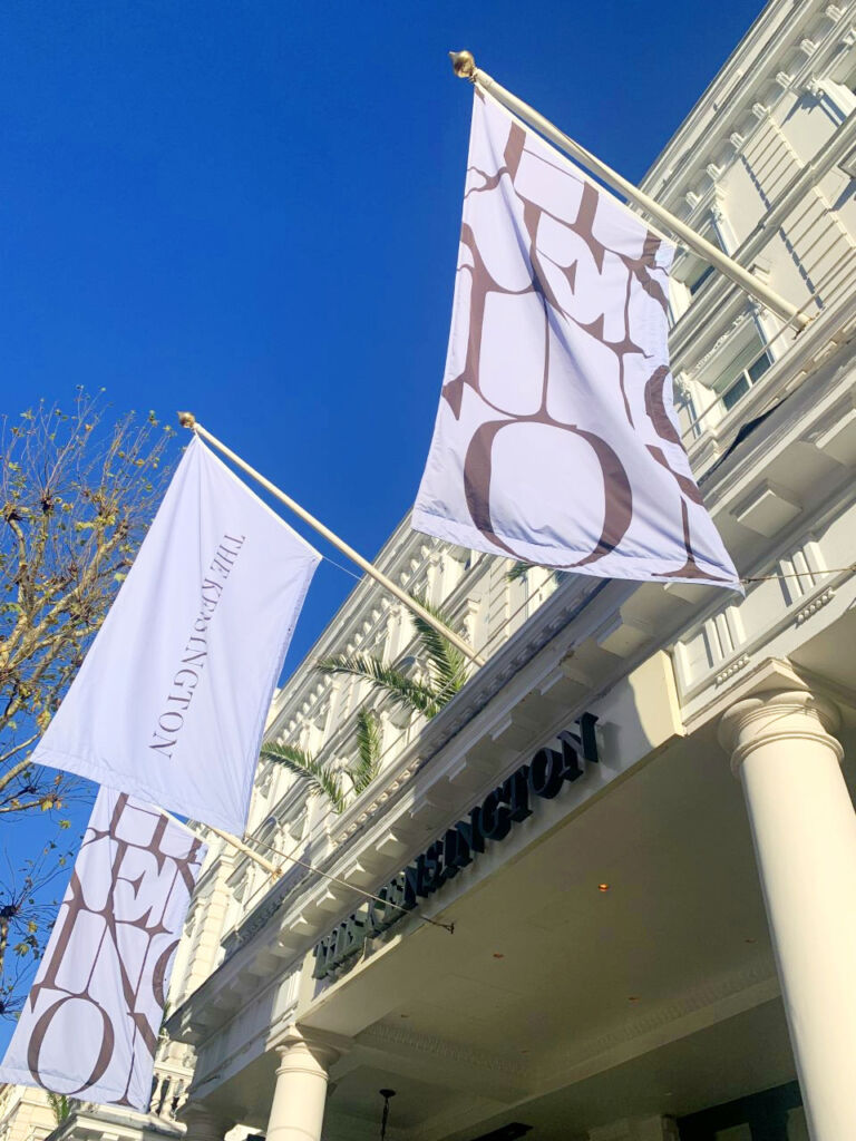 Flags flying outside the Kensington Hotel in London