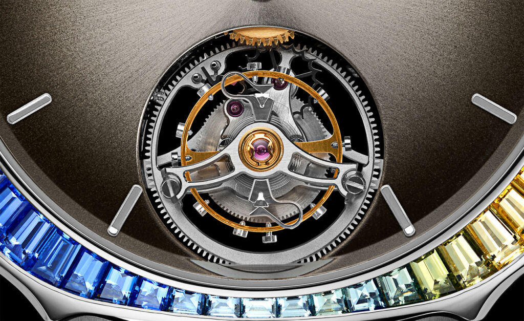A close up view of the Tourbillion on the lower part of the dial