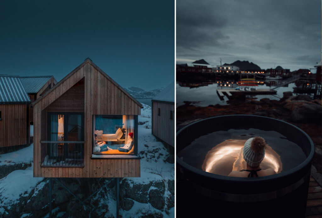 Two images, one showing a guest at night in one of the cottages, the other shows a person in a wooden hot tub