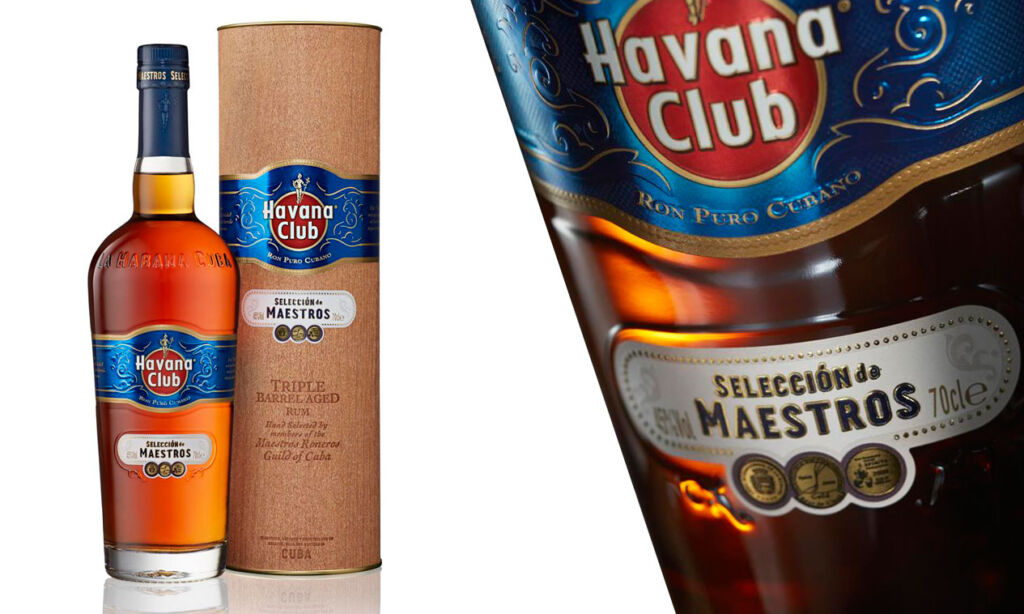 A close up view of the Havana Club bottle and its box