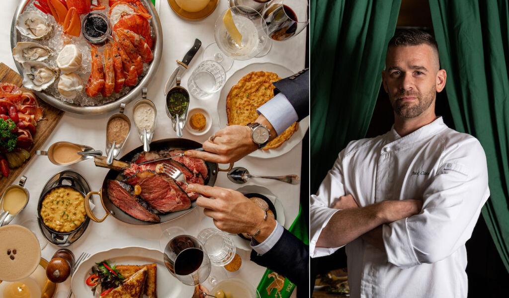 Two photos, one of the new Prime Rib Brunch, the other of Chef Jack Carson