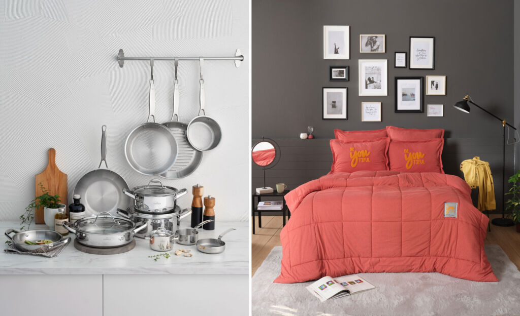Two images showing some of the products from the homewear brand