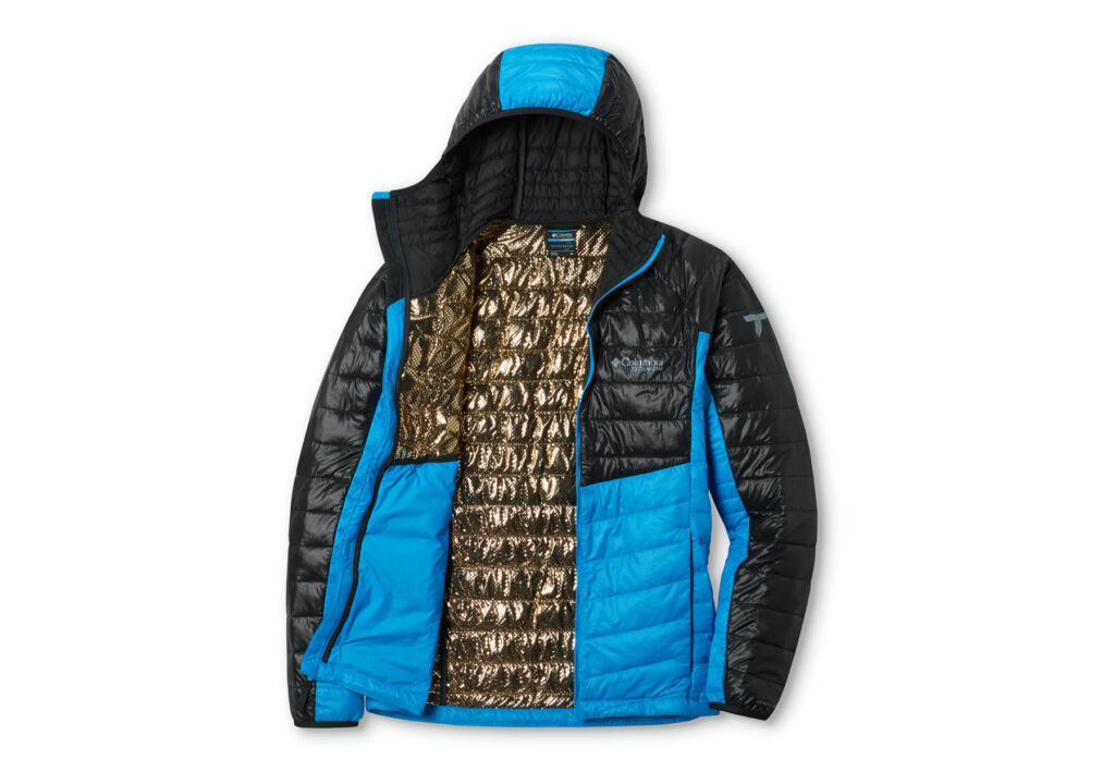 A Men's Platinum Peak™ Hooded Insulated Jacket in a light and dark blue colour